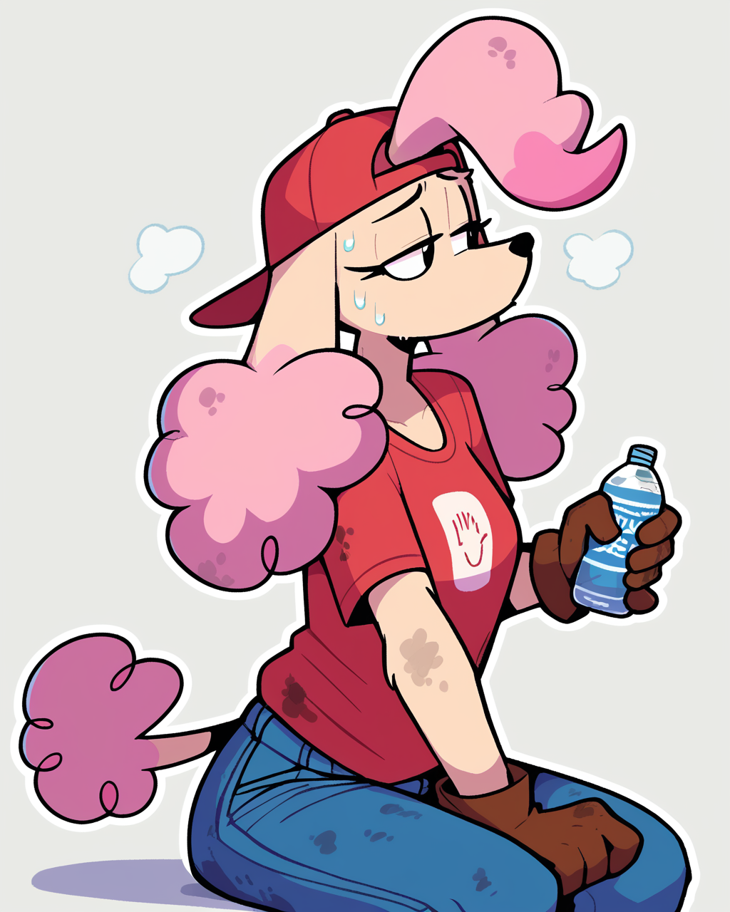 score_9_up, score_8_up, score_7_up, score_6_up, by remanedur, pink highlights, multicolored hair,  furry female, poodle, female, furry, solo, three-quarter view, head tilt, red baseball cap, baseball cap, backwards baseball cap, gloves, handwear, red shirt, sweat, dirty, sitting, panting, half-closed eyes,  holding object, water bottle, red t-shirt, t-shirt, jeans, tail, simple background, white outline, <lora:Leah_Pines(AIM)_XL_v1:0.25> <lora:PDXL_artist_tags_v2_big:0.5> <lora:The-Minuscule-Task_PDXL_v1.0:0.6>  <lora:Louise_aaronchenart:0.6>