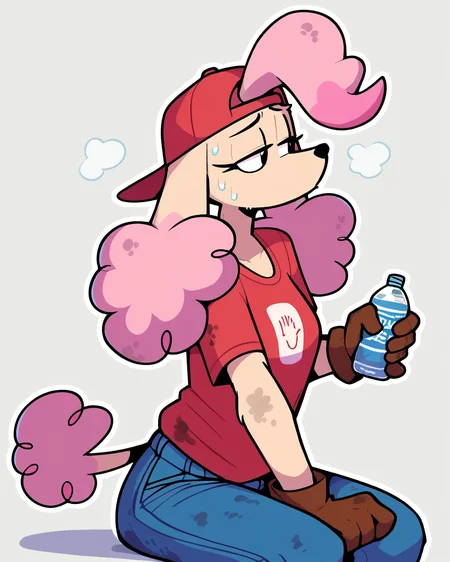 score_9_up, score_8_up, score_7_up, score_6_up, by remanedur, pink highlights, multicolored hair, furry female, poodle, female, furry, solo, three-quarter view, head tilt, red baseball cap, baseball cap, backwards baseball cap, gloves, handwear, red shirt, sweat, dirty, sitting, panting, half-closed eyes, holding object, water bottle, red t-shirt, t-shirt, jeans, tail, simple background, white outline, <lora:Leah_Pines(AIM)_XL_v1:0.25> <lora:PDXL_artist_tags_v2_big:0.5> <lora:The-Minuscule-Task_PDXL_v1.0:0.6> <lora:Louise_aaronchenart:0.6>
