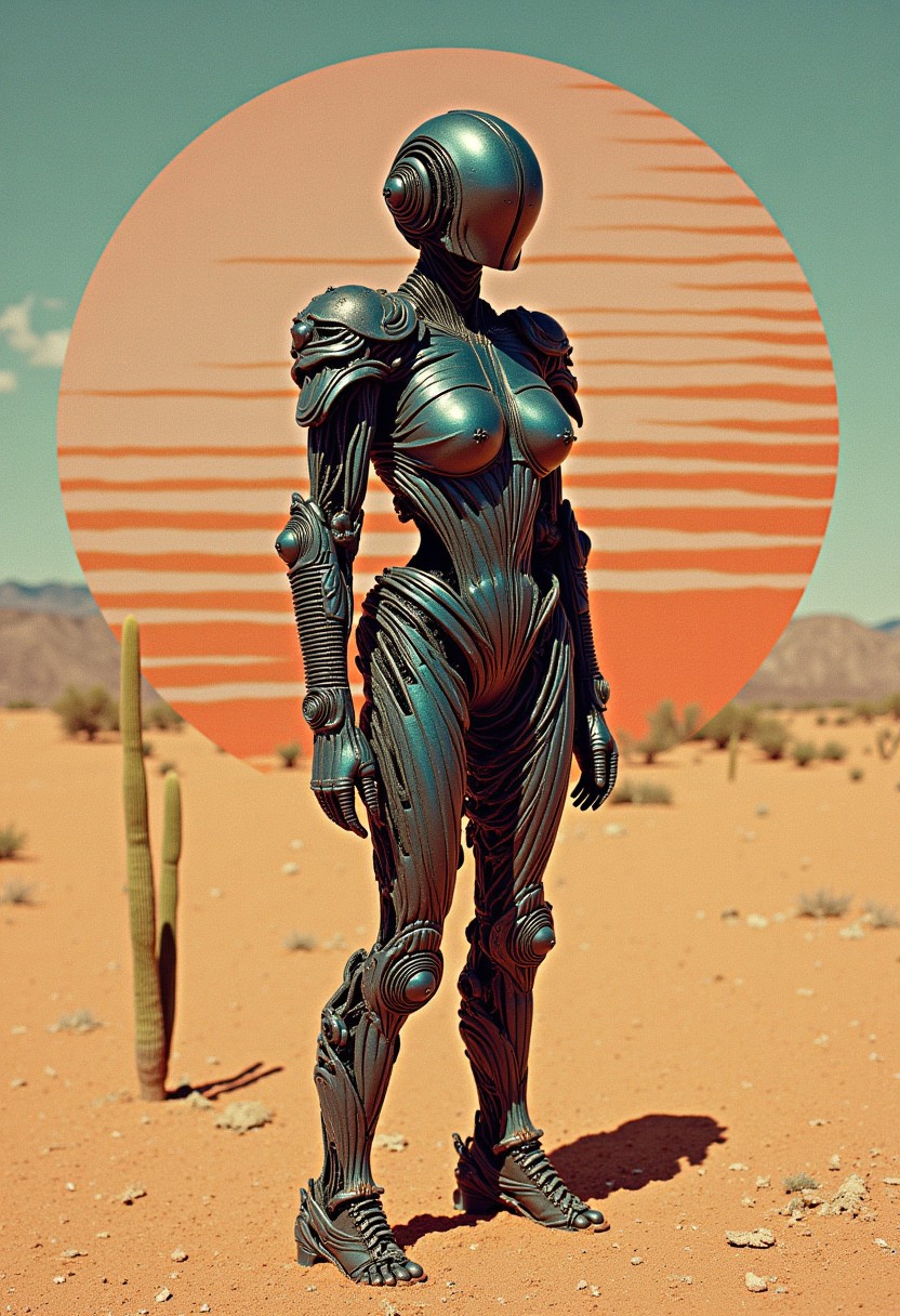 Text'beach where', Vector Art, Two Toned bleaked beige-red and black, Closeup Portrait, Monochrome, Closeup Portrait of a minimalism surreal Silhouette Striped old rusty Female steampunk cyborg made of blue-gold metal, its body is made entirely of lines and Stripes resembling wires, the eyes are dimly lit, and one arm is missing. It stands in a dusty desert in scorching heat. A cactus can be seen with an earth Like halo infront a Striped deep space embedded in a grignani inspired monochrome with greyscale lines, an Image completely made of bold thick lines, perfectly aligned, a Illusion Made of lines