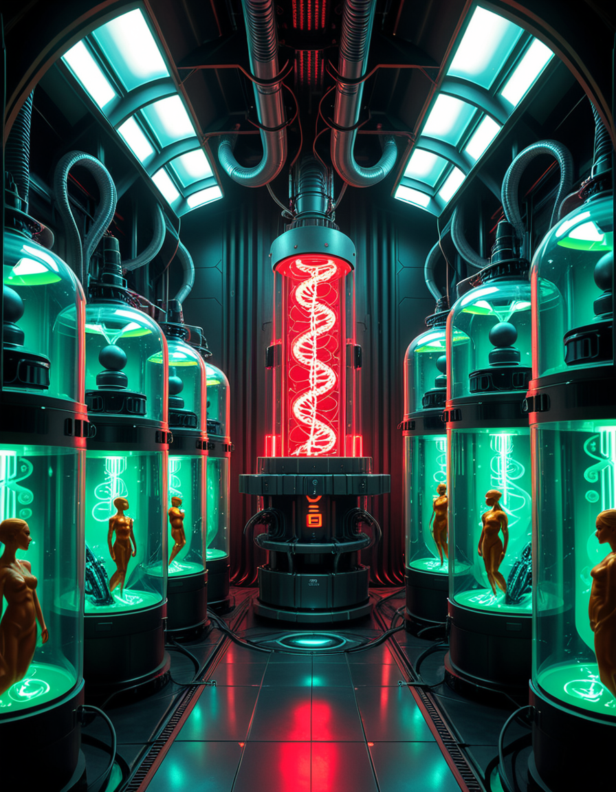 A dark, futuristic cloning laboratory infused with biomechanical horror, inspired by the art of H.R. Giger. The environment is a fusion of cold, industrial metal and pulsating organic structures, where walls seem alive, breathing with a rhythmic pulse of dark energy. The entire facility feels like a fusion of machine and flesh, an eerie cathedral of synthetic life.
At the center of the lab, massive transparent incubation pods line the walls, each filled with a thick, greenish amniotic fluid. Inside, half-formed clones float in various stages of developmentâsome eerily human, others distorted by biomechanical mutations. Tubes and organic cables snake from the ceiling, injecting raw genetic material into the growing bodies, merging artificial and organic components.
A colossal central machine, resembling a fusion of an ancient altar and a high-tech processor, serves as the core of the cloning process. DNA strands, displayed as holographic symbols in glowing red and neon green, shift and mutate in real-time, manipulated by unseen algorithms. Mechanical arms, covered in organic textures, extract samples from fluid-filled glass canisters, feeding the system with raw genetic material.
The dim lighting casts elongated shadows across the ribbed metallic floor, illuminated only by the sickly glow of bio-luminescent veins coursing through the walls. A constant hum of machinery, mixed with the faint sound of heartbeat-like pulsations, fills the air, creating an overwhelming sense of unnatural life in the making.
This is not just a cloning facilityâit is a factory of engineered existence, where the line between science and the grotesque unknown has been erased, birthing life that was never meant to be
<lora:SDXLFaeTastic2400:0.4> <lora:extremely_detailed:0.4> extremely detailed, <lora:futuristic_cloning_l4b0r4t0ry:1>,futuristic cloning l4b0r4t0ry, Masterpiece,best quality,hi res,8k,hi res,8k,award winning,(sharp focus, intricate, highly detailed),
