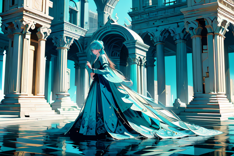 highly insanely detailed, masterpiece, top quality, best quality, highres, 4k, 8k, RAW photo, (very aesthetic, beautiful and aesthetic),  
(code_style,codestyle), 
<lora:CodeStyle (half generic class)_564920:0.7>, 
(1girl:1.3), 1other, 
roman architecture background,pure cyan background,pure blue background,(colour sequence background:1.2),âââ