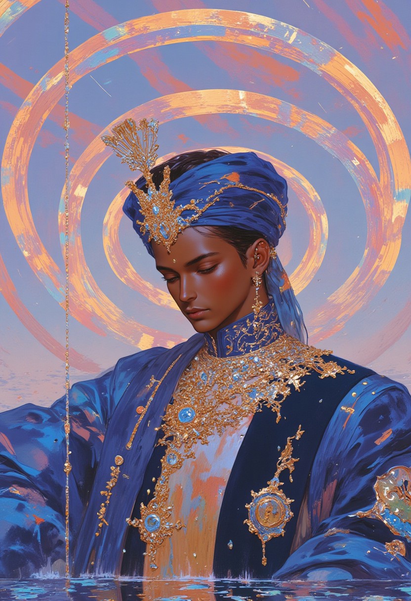 A hyper-realistic portrait of a young man with brown skin, taken from a low angle with the camera at floor level, capturing his upper body as he gazes contemplatively downward. He wears a vibrant blue **Sherwani** adorned with intricate golden motifs, each pattern accentuating the luxurious texture of his attire. His look is complemented by ornate gold accessories: a majestic necklace, detailed rings, and a traditional turban set with a sparkling brooch, enhancing his dignified appearance. Behind him, a surreal background of concentric circles draws the eye—each layer is a distinct, vivid color, beginning with a large outer circle and progressing through smaller circles until reaching a single, central point. This kaleidoscope of colored circles creates a mesmerizing contrast that highlights the rich blue of his Sherwani, giving the entire scene a dreamlike quality. The harmonious blend of the intricate patterns in his clothing with the concentric circles in the background transforms the portrait into a captivating fusion of elegance and surrealism.
