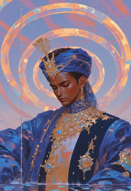 A hyper-realistic portrait of a young man with brown skin, taken from a low angle with the camera at floor level, capturing his upper body as he gazes contemplatively downward. He wears a vibrant blue **Sherwani** adorned with intricate golden motifs, each pattern accentuating the luxurious texture of his attire. His look is complemented by ornate gold accessories: a majestic necklace, detailed rings, and a traditional turban set with a sparkling brooch, enhancing his dignified appearance. Behind him, a surreal background of concentric circles draws the eye—each layer is a distinct, vivid color, beginning with a large outer circle and progressing through smaller circles until reaching a single, central point. This kaleidoscope of colored circles creates a mesmerizing contrast that highlights the rich blue of his Sherwani, giving the entire scene a dreamlike quality. The harmonious blend of the intricate patterns in his clothing with the concentric circles in the background transforms the portrait into a captivating fusion of elegance and surrealism.