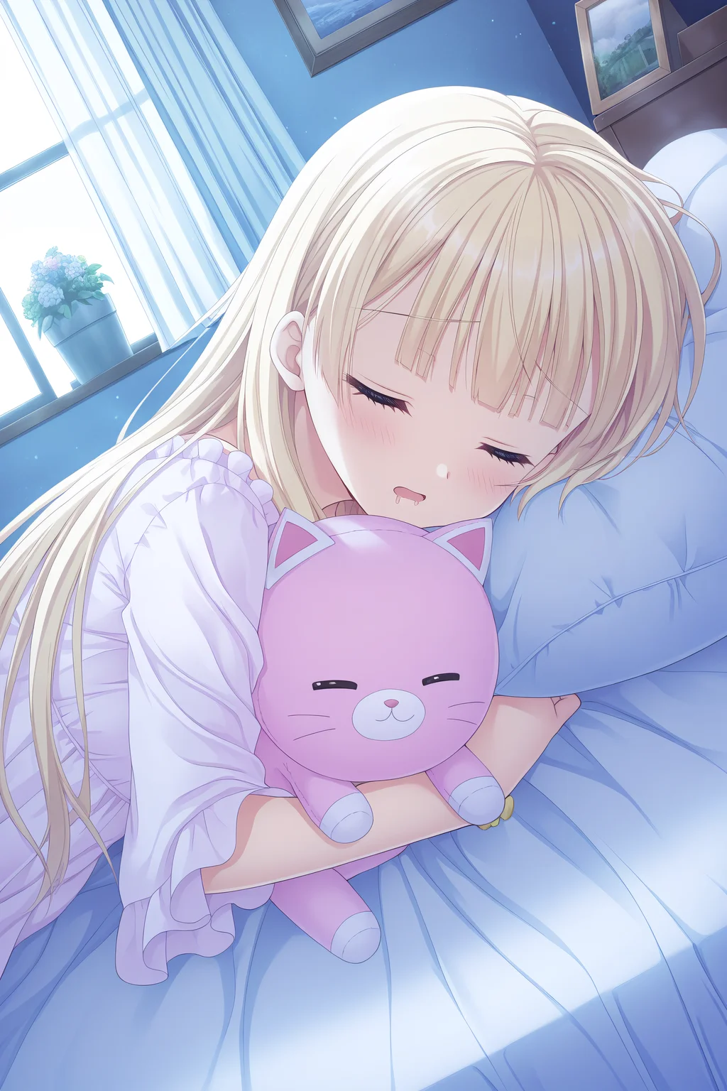 masterpiece, best quality, high quality, detailed, absurdres,newest, scenery, 1girl, solo, official style,best perspective,depth of field, very_aesthetic, best_quality ,high_resolusion, (8K:1.5),,crisp quality, ultra detailed,perfect anatomy,perfect lighting,anime screencap, perfect eyes,detailed eyes, <lora:Sylvia_V4_Illustrious:1>,Sylvia,blonde hair,bangs,green eyes, bangs,straight hair,night gown,pastel colors, lying on her bed, hugging a pink cat plushie, animal plushies on bed, closed eyes, drooling on her pillow, detailed background, bedroom, on bed,picture frame, dutch angle,window,from side,close-up,curtains,
