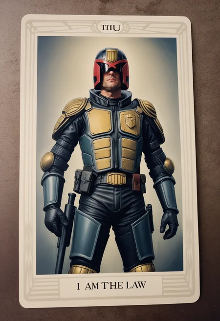 cinematic film still of <lora:Crowley_Thoth_Concept:0.8> tarot card with a picture of jdgdrdd, <lora:Judge_Dredd_-_2012_v2_SDXL:0.7> judge dredd, armor, helmet, scowl ((text: I AM THE LAW)), shallow depth of field, vignette, highly detailed, high budget, bokeh, cinemascope, moody, epic, gorgeous, film grain, grainy