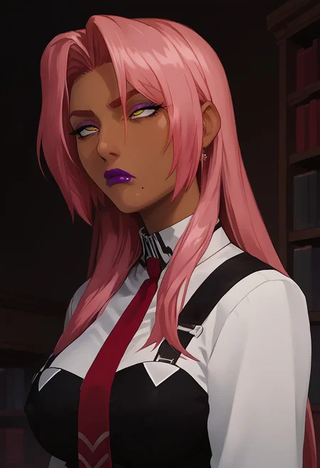 score_9, score_8_up, score_7_up, source_anime, 1girl, solo,shadowalpha, <lora:shadow-alpha-ponyxl-lora-nochekaiser:1>, Ingrid, 1girl, mature female, dark skinned female, pink hair, long hair, hair intakes, lipstick, purple lips, makeup, yellow eyes, mole under mouth,, large breasts, library, <lora:bible_black_uniform_xl_v3:1>, school uniform, white shirt, black vest, black thighhighs, red skirt, red necktie, anime coloring,anime screencap, bored, rolling eyes up,