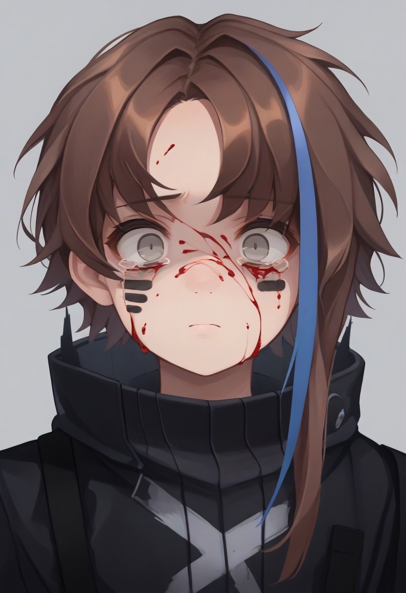 score_9, score_7_up, source_anime, BREAK, upper body, close-up, shaded face, covered in blood, constricted pupils, tears in eyes, expressionless, brown hair, multicolored hair, streaked hair, grey eyes