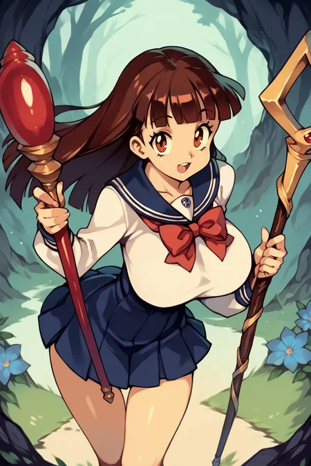 score_9, score_8_up, score_7_up, score_6_up, score_5_up, score_4_up, (source_anime), <lora:[GP] Optionaltypo style [Pony XL]:1.0> 1girl, skinny, (huge breasts), 
long hair, looking at viewer, open mouth, bangs, brown hair, red eyes, long sleeves, dress, holding, luna nova school uniform, thighs, blunt bangs, :o,  thigh gap, staff, luna nova school uniform, kagari atsuko, outdoors,