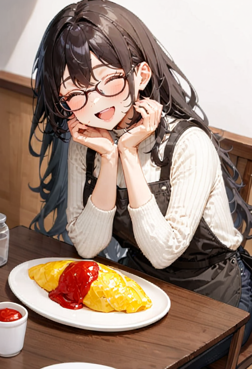 masterpiece, best quality, very aesthetic, absurdres,
1girl, solo, glasses, black hair, long hair, white ribbed sweater, black apron,  happy, smile, looking at viewer, closed eyes, open mouth, sitting, across table, own hands together, hands on cheek,
(omurice:1.2), food focus, plate, food, still life, ketchup, 
 <lora:omurice_SDXL_V1:1>