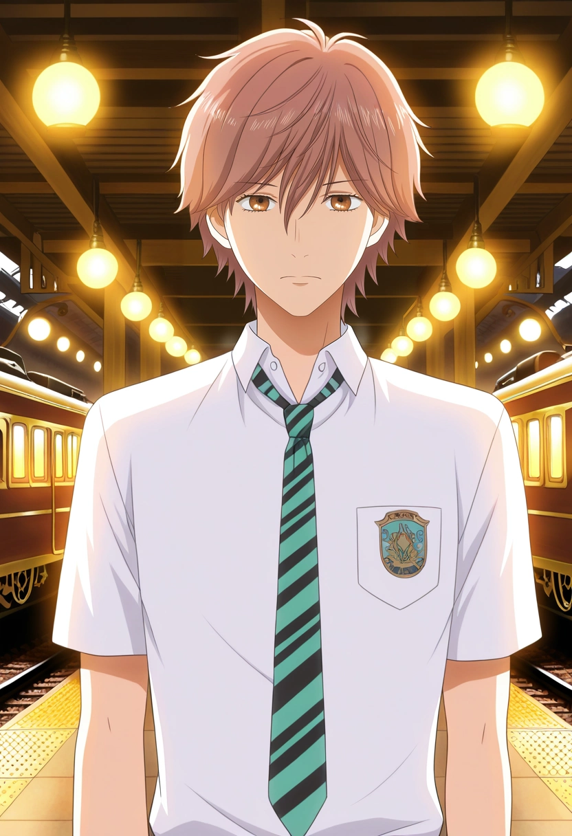 masterpiece, best quality, , ,, 1boy, solo, male focus, <lora:taichi_mashima_ilxl:0.98>, taichi_mashima, brown hair, brown eyes, short hair, bangs, hair between eyes, white shirt, collared shirt, striped necktie, vintage train station, steam engines, glowing lamps, bustling platforms, waiting pose, hopeful expression, nostalgic light,