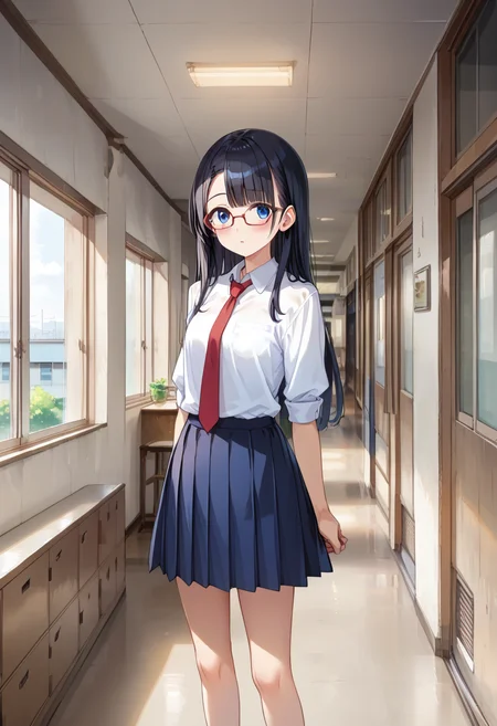 score_9, score_8_up, score_7_up, rating_safe, masterpiece, best quality, absurdres, unity 8k wallpaper, official art, official style, source_anime, uncensored, game cg, megami magazine,
1girl, solo, glasses, black hair, long hair, blue eyes, collared shirt, red necktie, pleated skirt, blue skirt, looking at viewer, blush, 
rouka, scenery, hallway, door, school, indoors, window, ceiling light, 
 <lora:gakkou_rouka_PONY_V2:1>