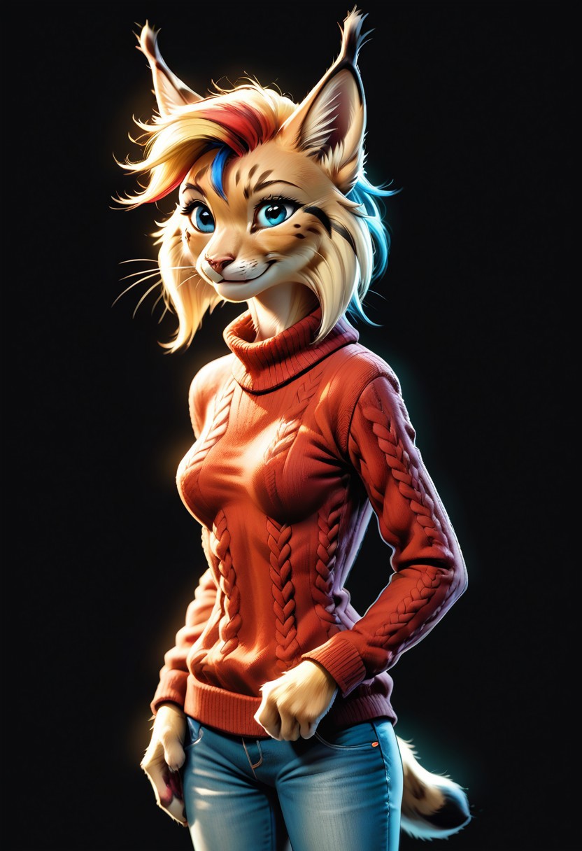 digital_media_(artwork) hi_res, score_9, score_8_up, score_7_up, score_6_up, score_5_up, score_4_up, rating_safe, anthro, furry, female, furry female, detailed textured fur, fur tufts, lynx, slim, slender, small breasts, cute, sweater, denim jeans, multicolor hair, streaked hair, red hair, blue hair, blonde hair, blonde fur, detailed blue eyes, smile, solo, SFW,