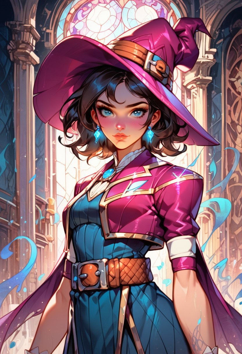 (score_9, score_8_up, score_7_up), ((zPDXL3)), ((face focus, eye focus, dynamic angle, motion)), 1girl, fantasy, Tarot Card Style, witchkiri, sexy witch costume, (witch hat), lace, cape, breathless intimacy, tanned skin, petite model bombshell, cute, young, delicate features, narrow pointy nose, tiny nose, brown hair, medium length hair, bob cut, lust, big eyes, seductive eyes, blue eyes, detailed skin, flared lashes, mascara, makeup, perky medium breasts, athletic body, narrow waist, skinny hips,
warm light, detailed, neon dark party, wisps of magic, fortune-teller, 
 BREAK
milky way, runes, arcane, astral, surreal, ethereal glow, masterpiece, best quality, intricate design. colorful, moonlit nightsky, stained glass aesthetic, moody whimsical color palette, murano glass, bold soldering lines, volumetric light shining through, crepuscular rays, intricate craftsmanship, detailed texture, luminous transparency, reflective light play, vivid hues, atmospheric depth, enchanting silhouette, art nouveau,