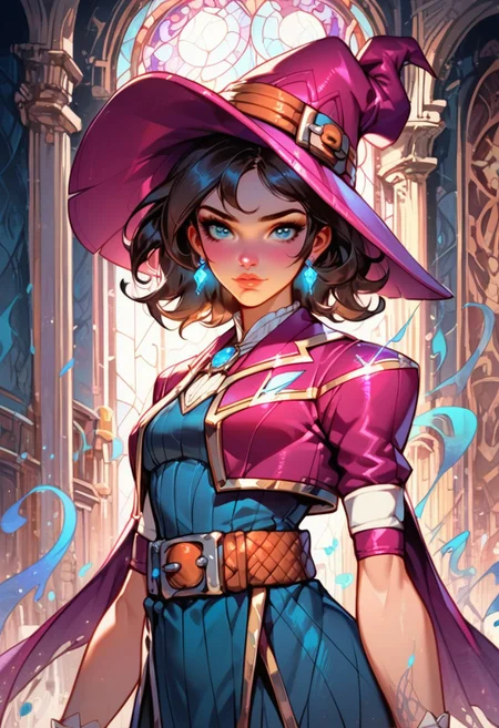 (score_9, score_8_up, score_7_up), ((zPDXL3)), ((face focus, eye focus, dynamic angle, motion)), 1girl, fantasy, Tarot Card Style, witchkiri, sexy witch costume, (witch hat), lace, cape, breathless intimacy, tanned skin, petite model bombshell, cute, young, delicate features, narrow pointy nose, tiny nose, brown hair, medium length hair, bob cut, lust, big eyes, seductive eyes, blue eyes, detailed skin, flared lashes, mascara, makeup, perky medium breasts, athletic body, narrow waist, skinny hips,
warm light, detailed, neon dark party, wisps of magic, fortune-teller, 
 BREAK
milky way, runes, arcane, astral, surreal, ethereal glow, masterpiece, best quality, intricate design. colorful, moonlit nightsky, stained glass aesthetic, moody whimsical color palette, murano glass, bold soldering lines, volumetric light shining through, crepuscular rays, intricate craftsmanship, detailed texture, luminous transparency, reflective light play, vivid hues, atmospheric depth, enchanting silhouette, art nouveau,