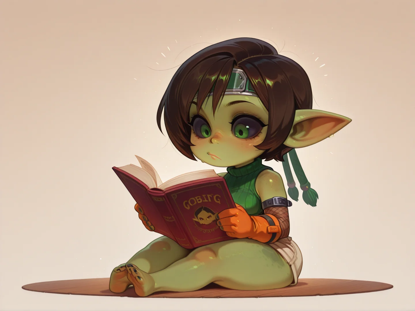 1girl, Yuffie Kisaragi, Final Fantasy 7 
sitting in silence next to someone while reading your own books,
 <lora:Darkfire_Deep_Gobbo:1> d33pgobbo, goblin girl,  green skin, black sclera, shortstack