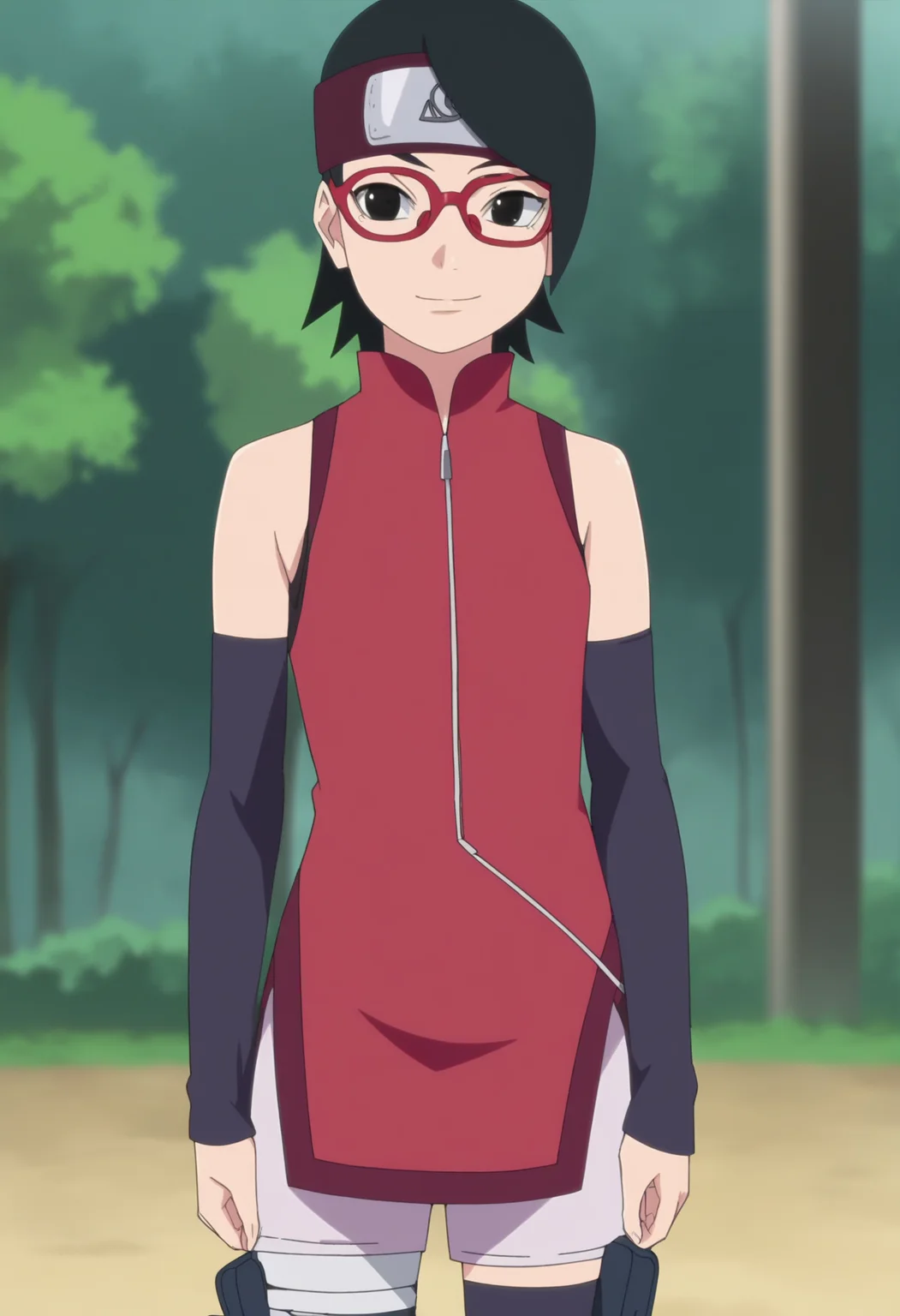 score_9, score_8_up, score_7_up, source_anime,anime screencap,anime coloring,intricate details,
uncensored,
sarada,1girl, black hair, glasses, red-framed eyewear, short hair, shorts,forehead protector,black eyes, konohagakure symbol, headband,detached sleeves,thighhighs, red sleeveless shirt, zipper, zipper pull tab, thigh pouch,
small breasts, smile,
standing, upper body, focus on face,
perfect anatomy,
scenery,outdoors,
<lora:Sarada 39 mid:1>