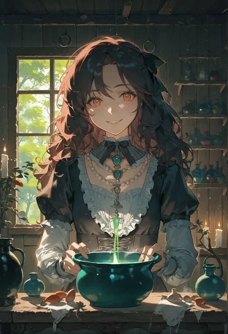 score_9, score_8_up, score_7_up, best quapoty, highres, absurdres, source_anime, 1girl, n0l4nd, <lora:n0l4nd:1>, (style-swirlmagic:1.0), portrait, looking at viewer, solo, upper body, detailed background, detailed face, (victorian theme:1.1), (evil:0.7) smile, forest witch, wearing (black:0.7) simple peasant clothes, crystal pendant, rustic hut in the forest, indoors, cluttered dirty kitchen, parchment, candle, steaming iron cauldron, decoction, poison, incense, small sacks, corked bottles, herbs, spices, mushrooms, potions, beads, roots, dark sinister atmosphere, dim lighting