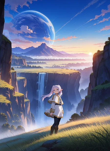 artist:, masterpiece, best quality, newest, very awa, absurdres, highres, 1girl, smile, frieren, green eyes, white hair, pointy ears, red earrings, scnr, sunset, cliff, wind, waterfall, hills, grass, fog, blue sky, stars, large planet, detailed