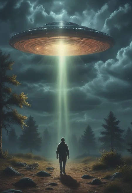 A man abduced by an UFO, poetic scene
