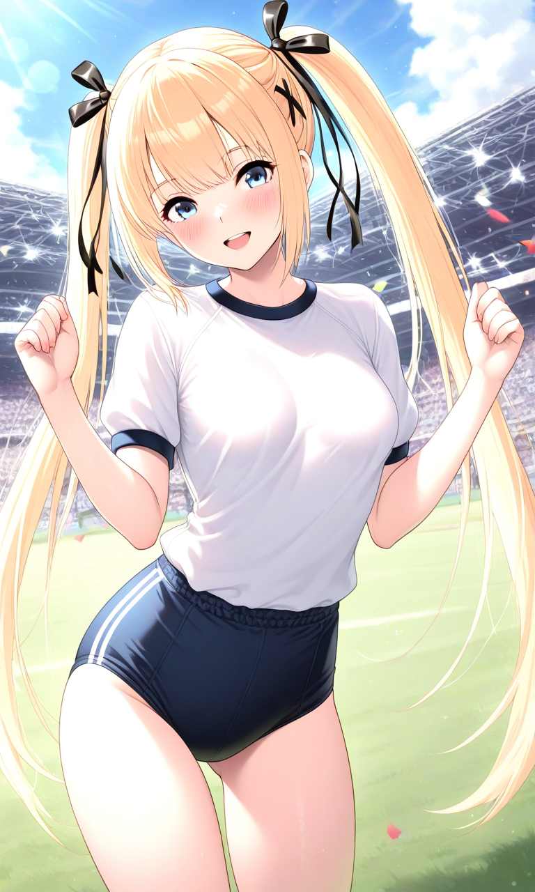 general,highres, ultra-detailed,very aesthetic,best quality ,best hands, BREAK  <lora:Marie_Rose_DOA_IS:1>
Marie_Rose(DOA), 1girl, solo, blonde hair, marie rose, twintails, very long hair, hair ribbon, black ribbon, blue eyes, x hair ornament, bangs, medium breasts, 
gym uniform,white shirt, dark blue buruma,
grass, sky, outdoor, happy, blush,
