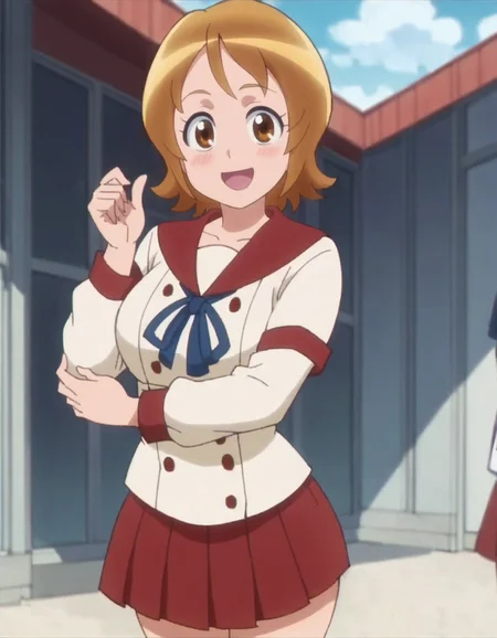 score_9, score_8_up, score_7_up, anime screencap, solo,1girl,omoriyuko, school uniform, smile, skirt, serafuku, red skirt, sailor collar,looking at viewer, large breasts,wide hip,cowboy shot, blush,open mouth,<lora:omoriyuko:0.8>