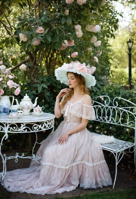 dreamlike fashion portrait set in a private Parisian garden in the Belle Époque era, a young woman with delicate features and radiant skin seated on an iron bench beneath flowering trellises, wearing a flowing pastel gown with lace accents and a floral ribbon hat, soft afternoon sunlight filtering through vines, porcelain teacups on a wrought-iron table, no modern elements, visible skin texture with natural blush, subtle film grain, inspired by Toulouse-Lautrec and Mucha elegance, (postcard aesthetic), serene, feminine, and classically stylish