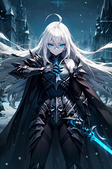(masterpiece), solo, 1girl, blue eyes, ahoge, white hair, (absurdly long hair:1.2), flat chest, pale skin, hair between eyes, half-closed eyes,  expressionless, <lora:edg_DeathKnight:1>, edgDeathKnight, wearing edgDeathKnight armor, winter, snow, black cloak, holding sword, looking down,  <lora:add_detail:1>,  <lora:r1ge - AnimeRage:0.2>, bare shoulders, futuristic, glow, bodysuit, fighting stance
