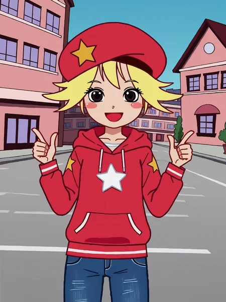 1girl, smile, score_7_up, piuvictoria, <lora:Victoria (Pump It Up):0.8>, blush, blonde hair, red hat, star ornament
city background, hoodie jeans, thumbs up <lora:CSPNY1:1>