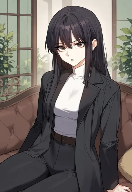 zPDXL3, score_9_up, score_8_up, score_7_up, (Anime_source), 1girl, MarthaZieghardt, brown eyes, black hair, daily clothes, long hair, shirt, pants, coat, cowboy shot, looking at viewer, parted lips, sitting on couch, from side
