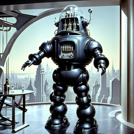 Robbie_FP50, 16k, movie still, ((cinematic)), full body standing robot, science fiction, realistic, (intricate details:1.1), retro artstyle, futuristic sci-fi city background, helmet, (extremely detailed:1.3), Forbidden Planet, metal spheres legs, <lora:Robbie_FP50_XL:1> Robbie_FP50