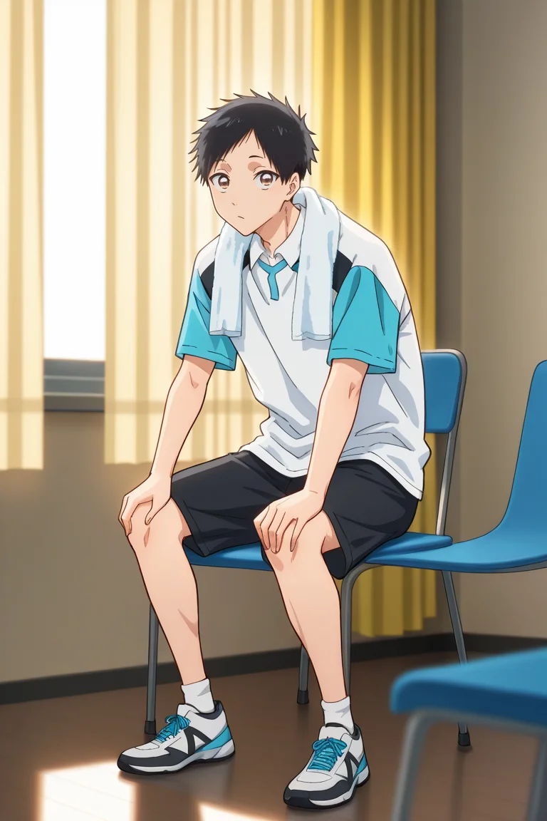masterpiece,best quality,amazing quality,very aesthetic,high resolution,ultra-detailed,absurdres,newest,scenery,volumetric lighting,depth of field , , , 1boy,solo,male focus, <lora:taiki:0.97>,taiki inomata, black hair, brown eyes,short hair,shirt, sitting, standing, collared shirt,white shirt, blue raglan sleeves, full body, short sleeves, shorts, shoes, socks, indoors, black shorts, chair, curtains, sneakers, towel, hands on own knees, towel around neck,sportswear,looking at viewer