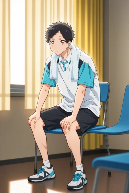 masterpiece,best quality,amazing quality,very aesthetic,high resolution,ultra-detailed,absurdres,newest,scenery,volumetric lighting,depth of field , , , 1boy,solo,male focus, <lora:taiki:0.97>,taiki inomata, black hair, brown eyes,short hair,shirt, sitting, standing, collared shirt,white shirt, blue raglan sleeves, full body, short sleeves, shorts, shoes, socks, indoors, black shorts, chair, curtains, sneakers, towel, hands on own knees, towel around neck,sportswear,looking at viewer