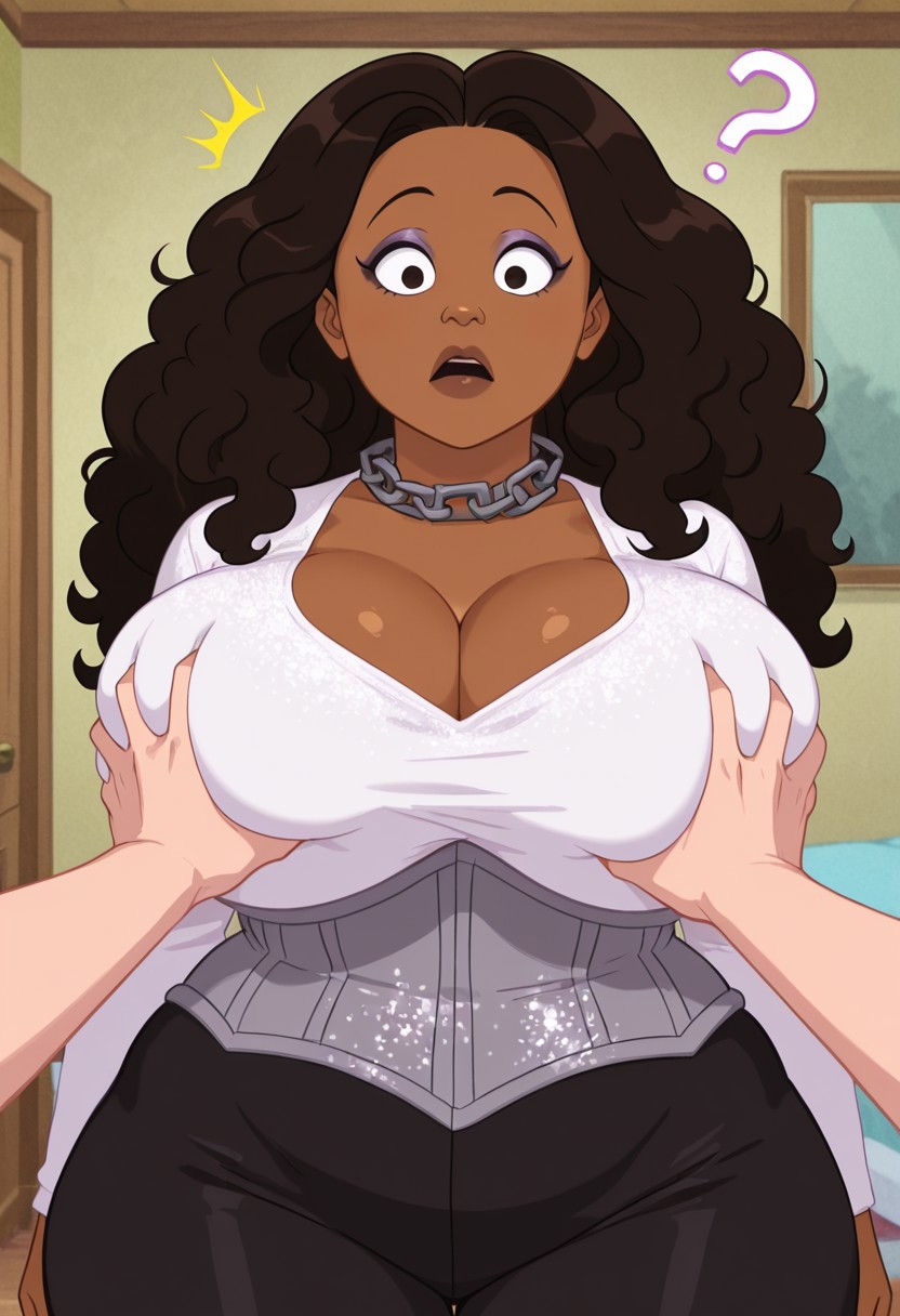 show accurate,,looking at viewer,show accurate,The Proud Family  style, 1girl, standing,long hair,curled hair,perfect mouth
front view,looking at viewer,breast grab),  grab, deep skin, shocked,confused, surprised, bedroom, looking at viewer, upper body, 1boy, breast grab by another, ,,cleavage
huge breasts, dark skin,bbw,huge breasts,huge hips,huge thighs
white shirt with glitter,corset ,black pants,boots, ,  eyeshadow
lipstick,chain collar
upper body,portrait,face focus