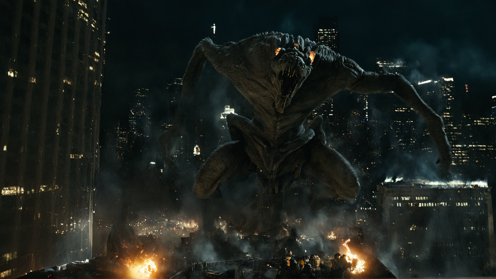 cinematic film still of  <lora:Unreal Engine style:0.3>
 <lora:detailed:0.3>
<lora:perfection style:0.3>
 <lora:Chiaroscuro Lighting Style:0.3> Chiaroscuro Lighting Style
 <lora:Cloverfield Monster:0.9>
Cloverfield Monster a large Monster standing on top of a building,no humans,night,fire,robot,building,science fiction,monster,city,alien , horror, cinematic, film, A monster movie, monster film, creature feature or giant monster film style, shallow depth of field, vignette, highly detailed, high budget, bokeh, cinemascope, moody, epic, gorgeous, film grain, grainy