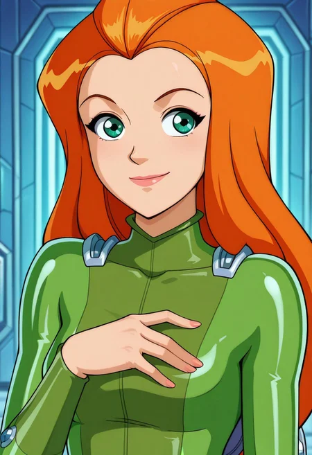 masterpiece, best quality, good quality, 1woman, solo, sam_totally_spies, long hair, orange hair, green eyes, green bodysuit, sexy, medium breasts, beautiful, detailed, high detailed, very beautiful, detailed face, detailed eyes, detailed hand, nails, abstract background, neon, smile, (close-up), face focus