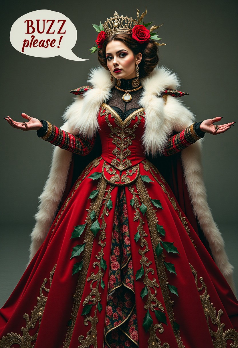 Youngwoman, kwf, sfw, Holding hands out. Speech bubble saying "BUZZ please!", crown, feathers, festive, floor-length, floral, frilly, fur-lined cape, glittering, gothic, gold accents, gown, high-collared, holly, leaves, luxurious, medieval, opulent, ornate, overcoat, plaid, poinsettia, puffy winter jacket, punk, red and white striped, ruffled, sash, scarf, sequined, shawl, snowflake, steampunk, tassels, tiara, trimmed with white fur, turtleneck sweater, velvet, Victorian, wings.