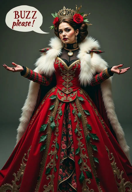 Youngwoman, kwf, sfw, Holding hands out. Speech bubble saying "BUZZ please!", crown, feathers, festive, floor-length, floral, frilly, fur-lined cape, glittering, gothic, gold accents, gown, high-collared, holly, leaves, luxurious, medieval, opulent, ornate, overcoat, plaid, poinsettia, puffy winter jacket, punk, red and white striped, ruffled, sash, scarf, sequined, shawl, snowflake, steampunk, tassels, tiara, trimmed with white fur, turtleneck sweater, velvet, Victorian, wings.