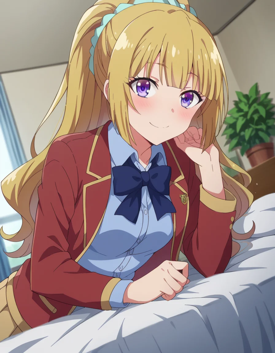 score_9, score_8_up, score_7_up, source_anime,
keikaruizawa, <lora:kei-karuizawa-anime-s2-ponyxl-lora-nochekaiser:1>,
kei karuizawa, long hair, bangs, blunt bangs, purple eyes, blonde hair, shirt, hair ornament, ponytail, scrunchie, blue scrunchie, smile,
skirt, shirt, bow, school uniform, jacket, red jacket, pleated skirt, bowtie, sweater, blue bow, blue shirt,
indoors, bed, bed room, on side, blush, drunk,
looking at viewer, cowboy shot, dutch angle,