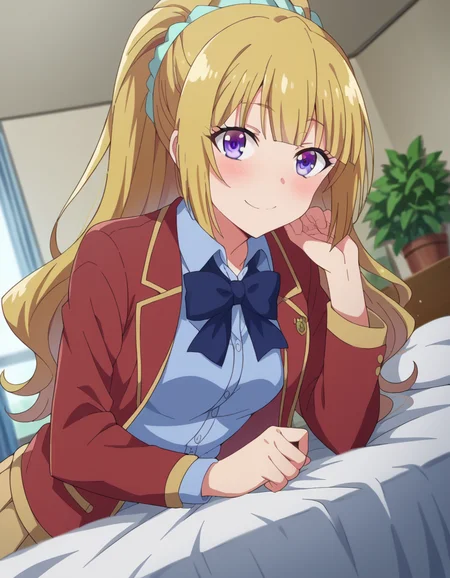 score_9, score_8_up, score_7_up, source_anime,
keikaruizawa, <lora:kei-karuizawa-anime-s2-ponyxl-lora-nochekaiser:1>,
kei karuizawa, long hair, bangs, blunt bangs, purple eyes, blonde hair, shirt, hair ornament, ponytail, scrunchie, blue scrunchie, smile,
skirt, shirt, bow, school uniform, jacket, red jacket, pleated skirt, bowtie, sweater, blue bow, blue shirt,
indoors, bed, bed room, on side, blush, drunk,
looking at viewer, cowboy shot, dutch angle,