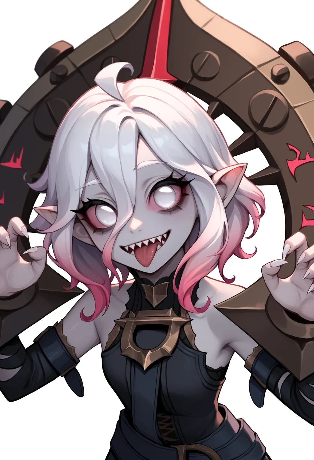 score_9, score_8_up, score_7_up, score_6_up, score_5_up, score_4_up, BREAK, source_anime,
1girl, briar, white eyes, colored sclera, white hair, gradient hair, short hair, hair between eyes, ahoge, pointy ears, sharp teeth, grey skin, tongue out,
shackles, bare shoulders, detached sleeves, claw pose, fingernails,
upper body, smile, looking at viewer, solo, simple background, white background <lora:BriarXL:1>