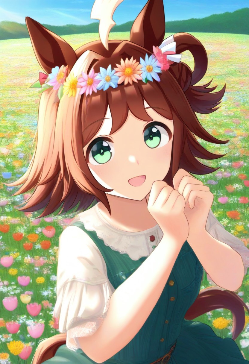 (umamusume, rhein_kraft_(umamusume), horse_ears, horse_girl, tail, 1girl, ahoge, animal_ears,)
casual, field, flower, flower_field, green_eyes, hair_between_eyes, hair_ornament, 
head_wreath, looking_at_viewer,  solo, aesthetic, absurdres, symmetric ,spiralling vortex made of multicoloured tulips, lush foliage sunrise,  ripples, reflective, jaynl-tm, rainbow, , g0ldsw0rthy,
(realistic, photo,  artistic, medium_hair, one_eye_closed, petals, relaxing, smile,  : 0.7)