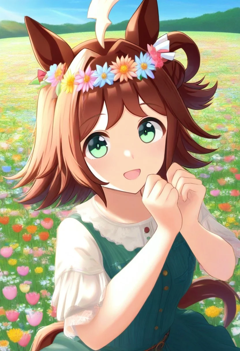 (umamusume, rhein_kraft_(umamusume), horse_ears, horse_girl, tail, 1girl, ahoge, animal_ears,)
casual, field, flower, flower_field, green_eyes, hair_between_eyes, hair_ornament, 
head_wreath, looking_at_viewer,  solo, aesthetic, absurdres, symmetric ,spiralling vortex made of multicoloured tulips, lush foliage sunrise,  ripples, reflective, jaynl-tm, rainbow, , g0ldsw0rthy,
(realistic, photo,  artistic, medium_hair, one_eye_closed, petals, relaxing, smile,  : 0.7)