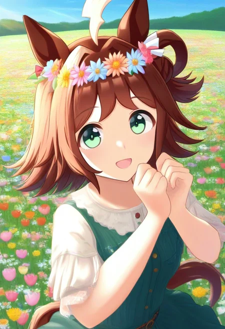 (umamusume, rhein_kraft_(umamusume), horse_ears, horse_girl, tail, 1girl, ahoge, animal_ears,)
casual, field, flower, flower_field, green_eyes, hair_between_eyes, hair_ornament,
head_wreath, looking_at_viewer, solo, aesthetic, absurdres, symmetric ,spiralling vortex made of multicoloured tulips, lush foliage sunrise, ripples, reflective, jaynl-tm, rainbow, , g0ldsw0rthy,
(realistic, photo, artistic, medium_hair, one_eye_closed, petals, relaxing, smile, : 0.7)