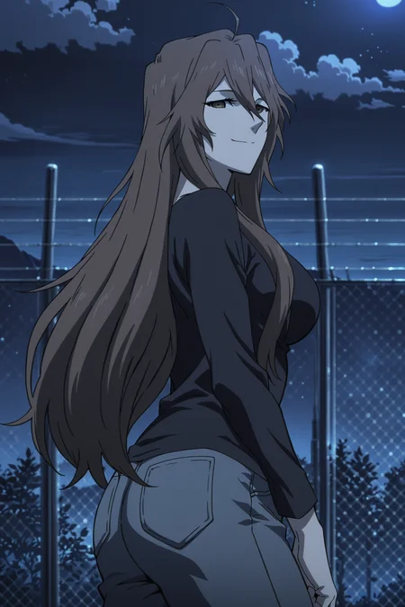 anime screencap, anime coloring, detailed face, masterpiece, best quality, very aesthetic, absurdres, bokeh, volumetric lighting, official style, amazing quality, ultra detailed,  highres, amazing quality, scenery, beautiful detailed hair,
outside, night, 
 <lora:Hex_Jormungand:1>
Hex dark shirt outfit, Hex (Jormungand), 1girl, solo, long hair, brown hair, brown eyes, ahoge, walking, pants, denim, jeans, from the side, large breasts,  fence, night, chain-link fence, pants, denim, jeans, looking at the viewer, sexy smile, cowboy shot, ass,