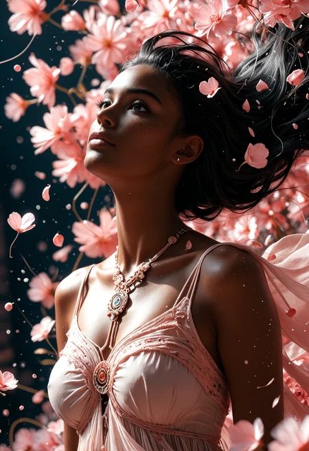 best_quality, absurdres, ultra-detailed, highly_aesthetic, 8K, UHD, highly_detailed_eyes, depth_of_field, subject_focus,
dutch_angle, 1girl, African woman, beauty, magical, dynamic motion, floating_petals, cinematic, neckline, inspiration, neon, art, abstract, romance, black_hair,