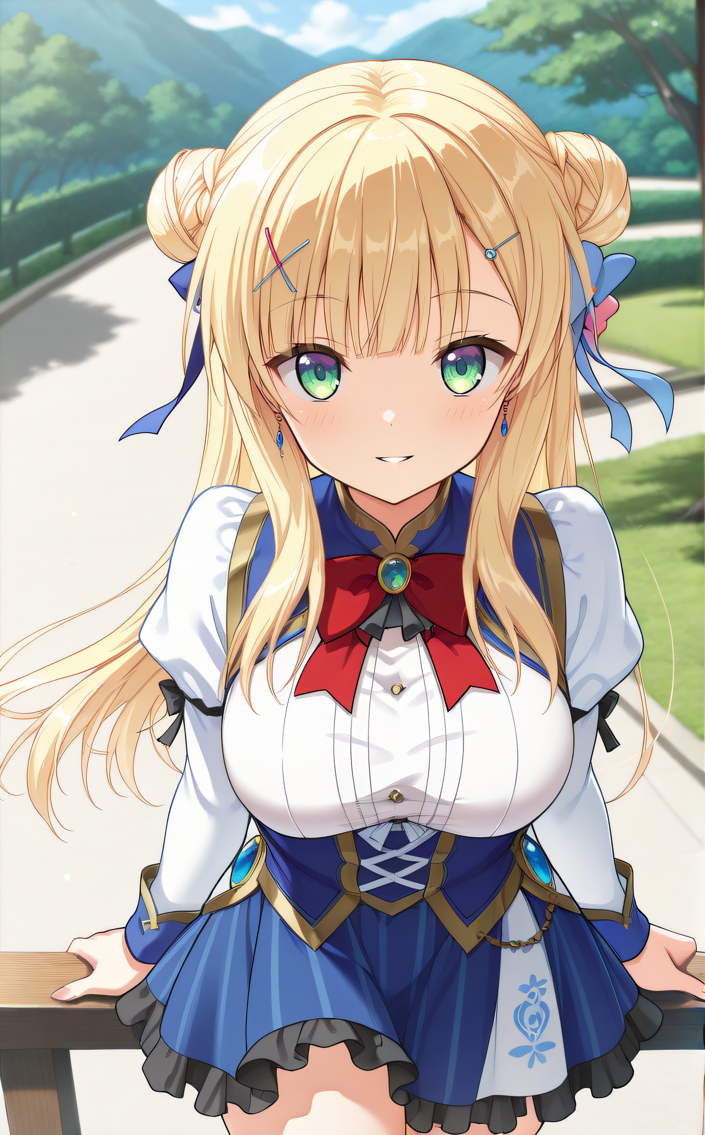 masterpiece, best quality, highres, scenery, newest, 1girl, solo, official style, <lora:IL_Sylvia_le_Cruzcrown:1>, sylvia, blonde hair, green eyes, long hair, double bun, odango hair, hairclip, blue_hair_ribbon, single ribbon, large breasts, red_bowtie, juliet sleeves, white long sleeves, blue skirt, black frills, thighs, looking at viewer, smile, outdoor, upper body, parted lips, from above
