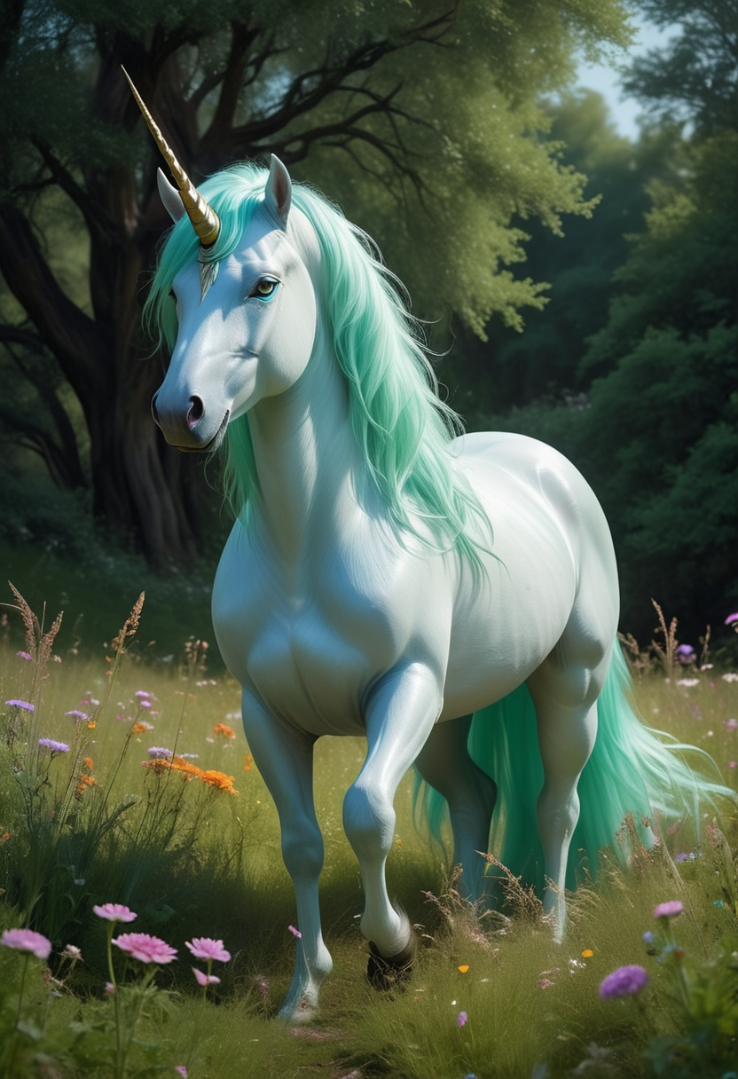 (medium full shot) of (graceful graceful unicorn), light Blue eyes, mint green silky coat, glowing horn, silky mane, magical rune markings, set in  an enchanted meadow, with colorful flowers, tall grasses swaying in the breeze, a sense of peace and beauty, ,Masterpiece,best quality, raw photo, realistic, very aesthetic, dark