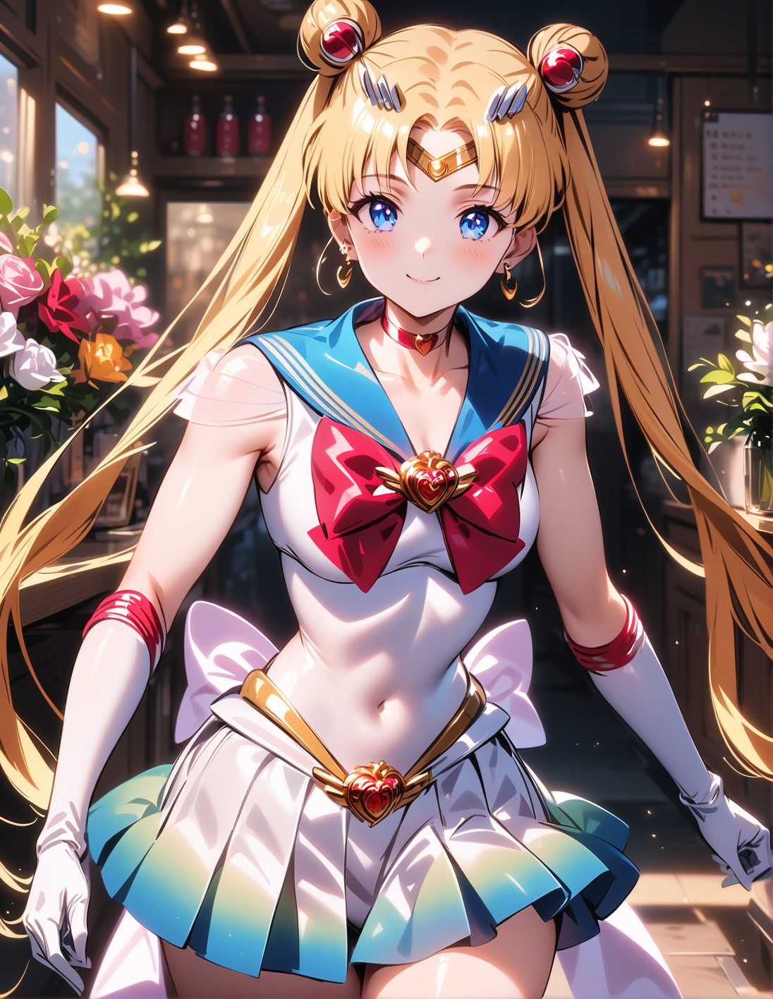 1girl, solo,<lora:sdxl-lyco-supersailormoon-animagine_xl_3_1-v3:1>, supersailormoon, double bun, twintails, circlet, earrings, choker, bow, white leotard,gloves, miniskirt, standing ,, ,smile, best quality, very aesthetic, ultra-detailed, intricate details, 4k,, , (retro:-1.0) ,(1990s:-1.0), BREAK  in a florist