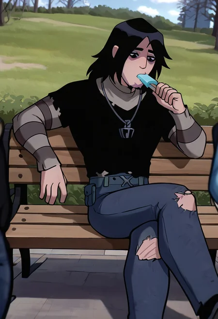 masterpiece, best quality, amazing quality, very aesthetic, absurdres, newest,
kevinov, black hair, bags under eyes, long hair, black eyes, necklace, goatee, layered sleeves, black shirt, long sleeves, short over long sleeves, torn clothes, striped sleeves, jeans, overall belt, 
public park, lounging, sitting on park bench, eating ice cream, clouds, looking down, crossed legs,