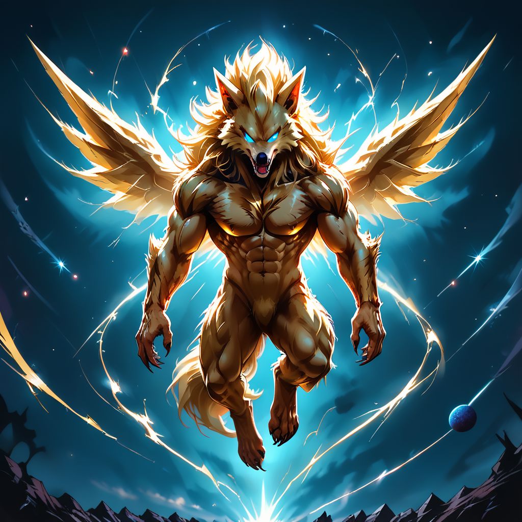 SCORE_9, SCORE_8_UP, SOURCE_FURRY, Expressiveh,  SSWW, BLUE EYES, GLOWING EYES, GOLDEN ELECTRICITY, SUPER SAIYAN WEREWOLF, ANTHRO FURRY, SHARP FANGS, LONG HAIR, FLYING, WINGS, HIGH RES, ANTIALIASING, VIVID TEXTURE, DETAILED BLACK PUPILS, BREAK. FULL BODY, (IN OUTERSPACE:1.5), DISTANT GALAXY